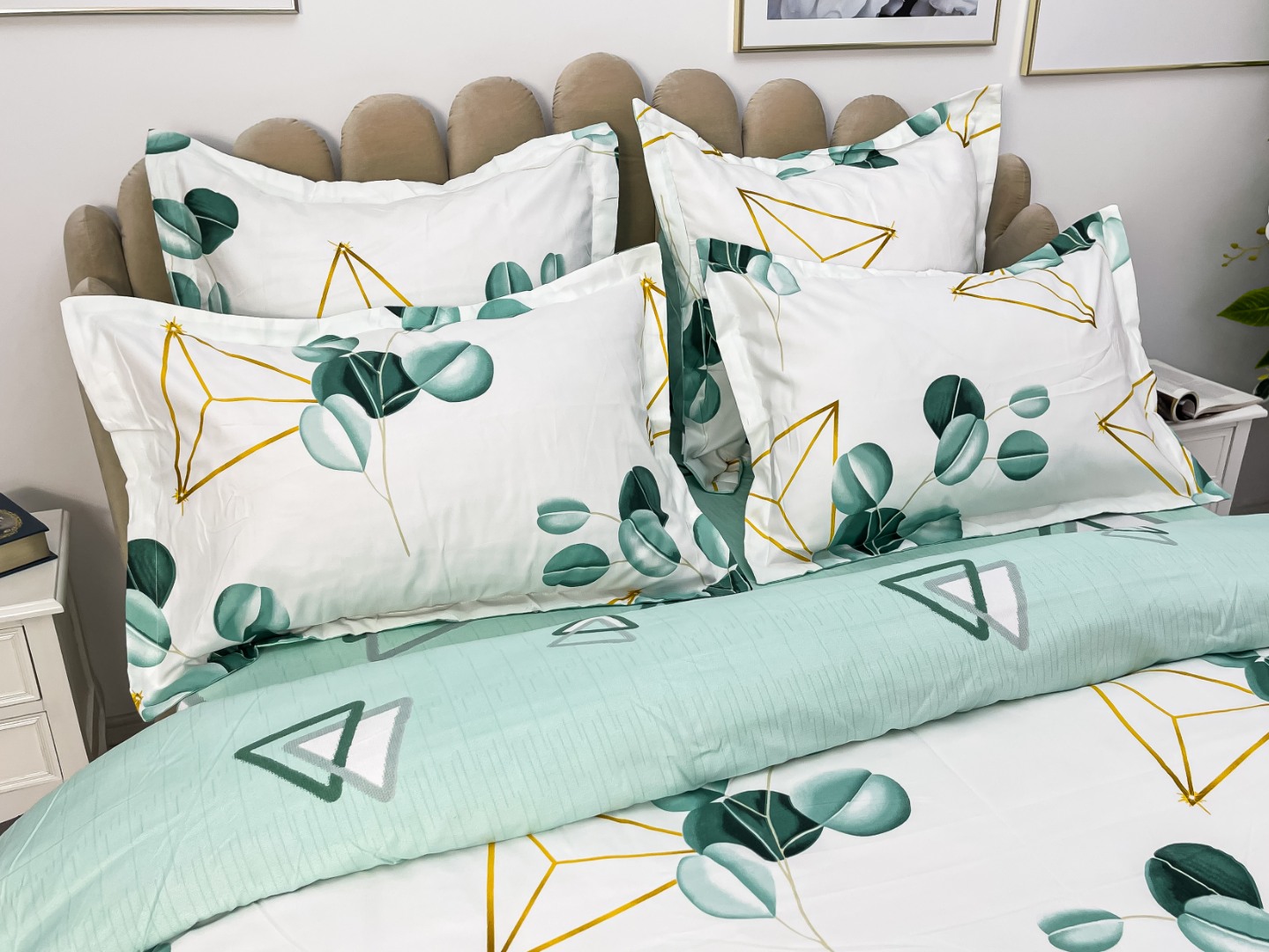 (OFERTA TRIO) Lenjerie pat dublu,  FINET, 6 piese, Alb-Verde, frunze - 4 | YEO