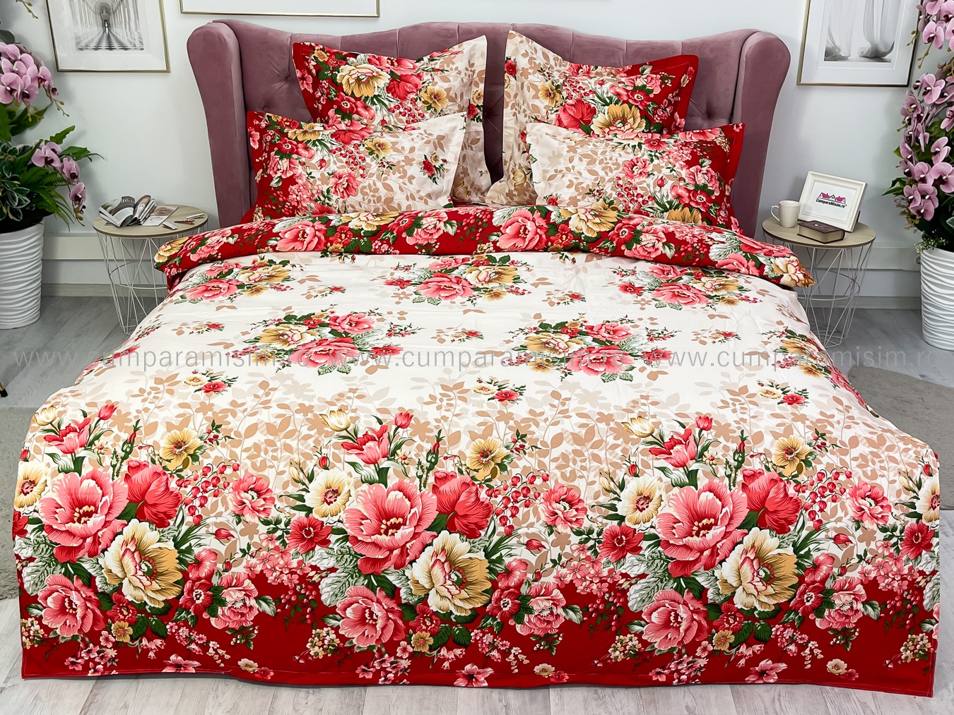 (OFERTA TRIO) Lenjerie pat dublu,  FINET, 6 piese, Bej-Rosu, flori - 1 | YEO