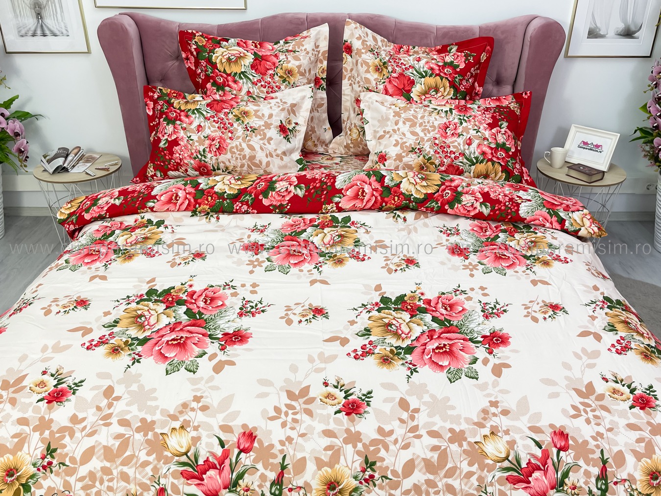 (OFERTA TRIO) Lenjerie pat dublu,  FINET, 6 piese, Bej-Rosu, flori - 2 | YEO