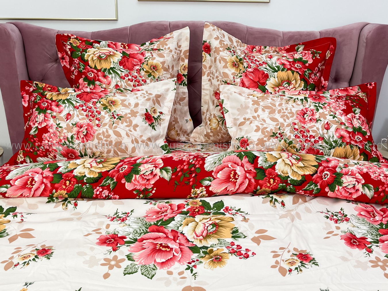 (OFERTA TRIO) Lenjerie pat dublu,  FINET, 6 piese, Bej-Rosu, flori - 3 | YEO