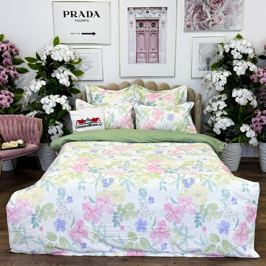(OFERTA TRIO) Lenjerie pat dublu,  FINET, 6 piese, Verde, flori - 1 | YEO