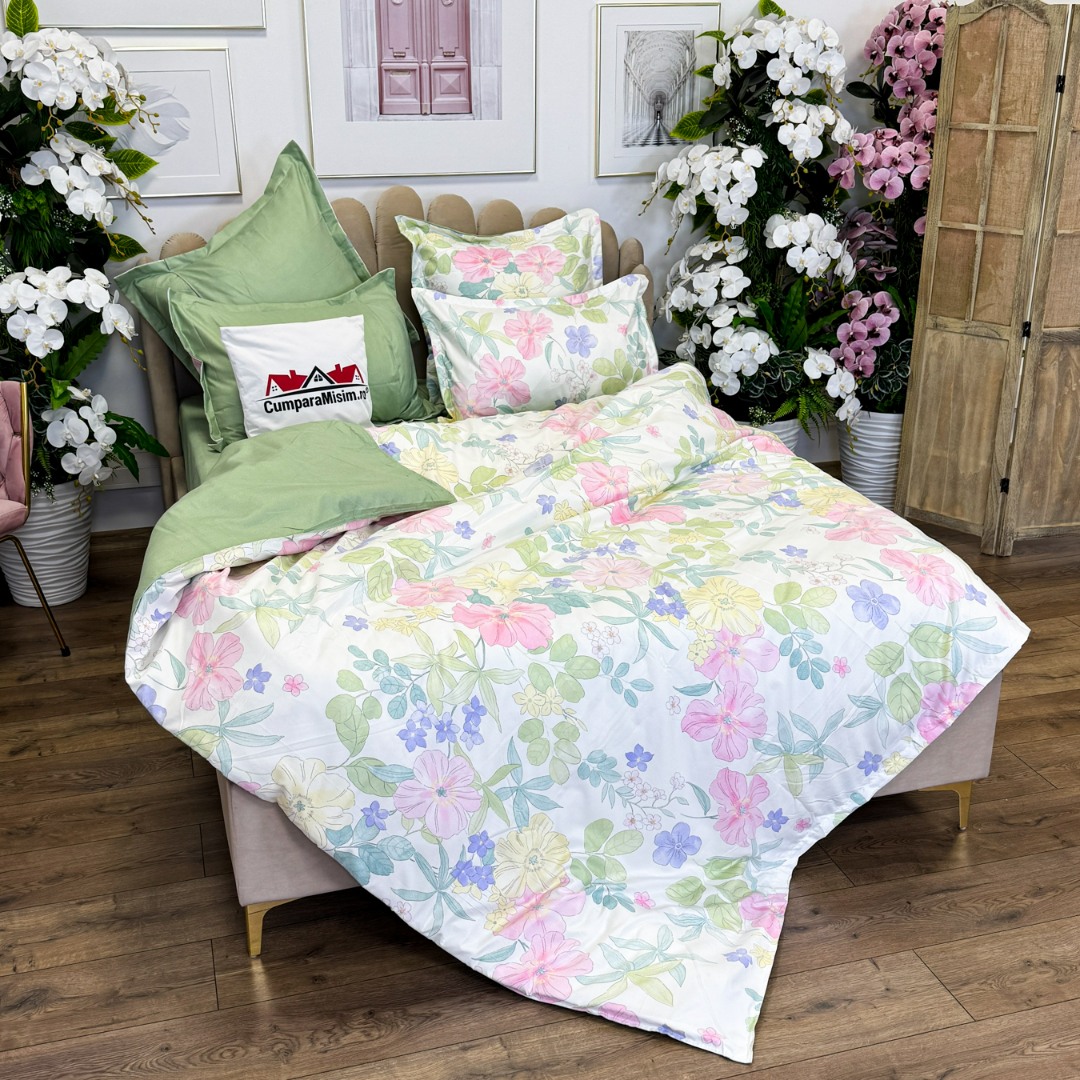 (OFERTA TRIO) Lenjerie pat dublu,  FINET, 6 piese, Verde, flori - 2 | YEO
