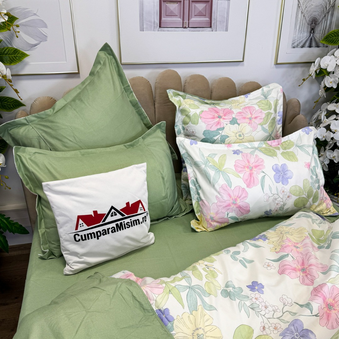 (OFERTA TRIO) Lenjerie pat dublu,  FINET, 6 piese, Verde, flori - 4 | YEO