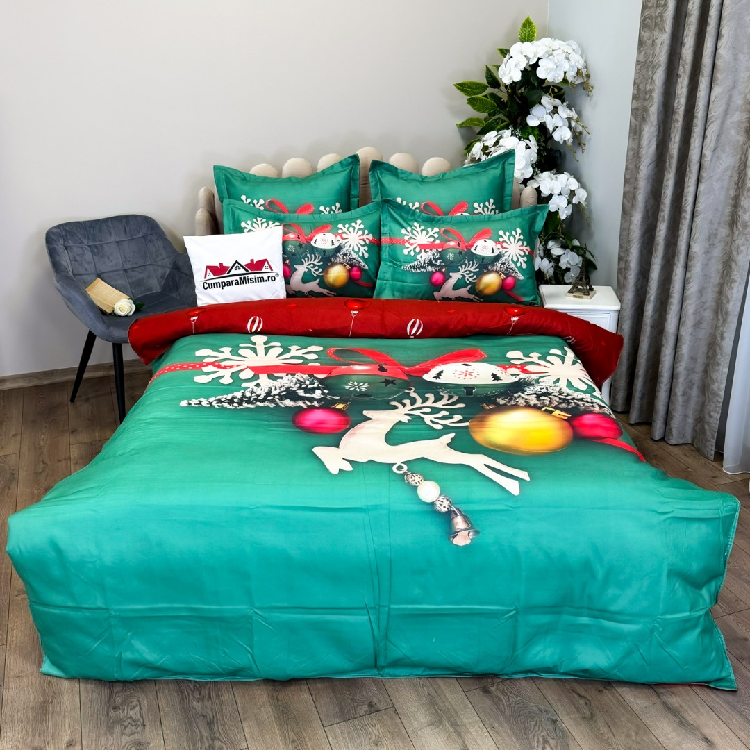 Lenjerie pat dublu,  FINET, Digital Print, Craciun, Verde, Rosu, decoratiuni de Craciun - 1 | YEO