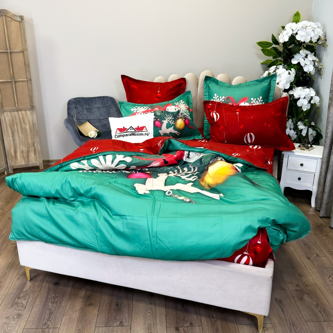 Lenjerie pat dublu,  FINET, Digital Print, Craciun, Verde, Rosu, decoratiuni de Craciun - 3 | YEO