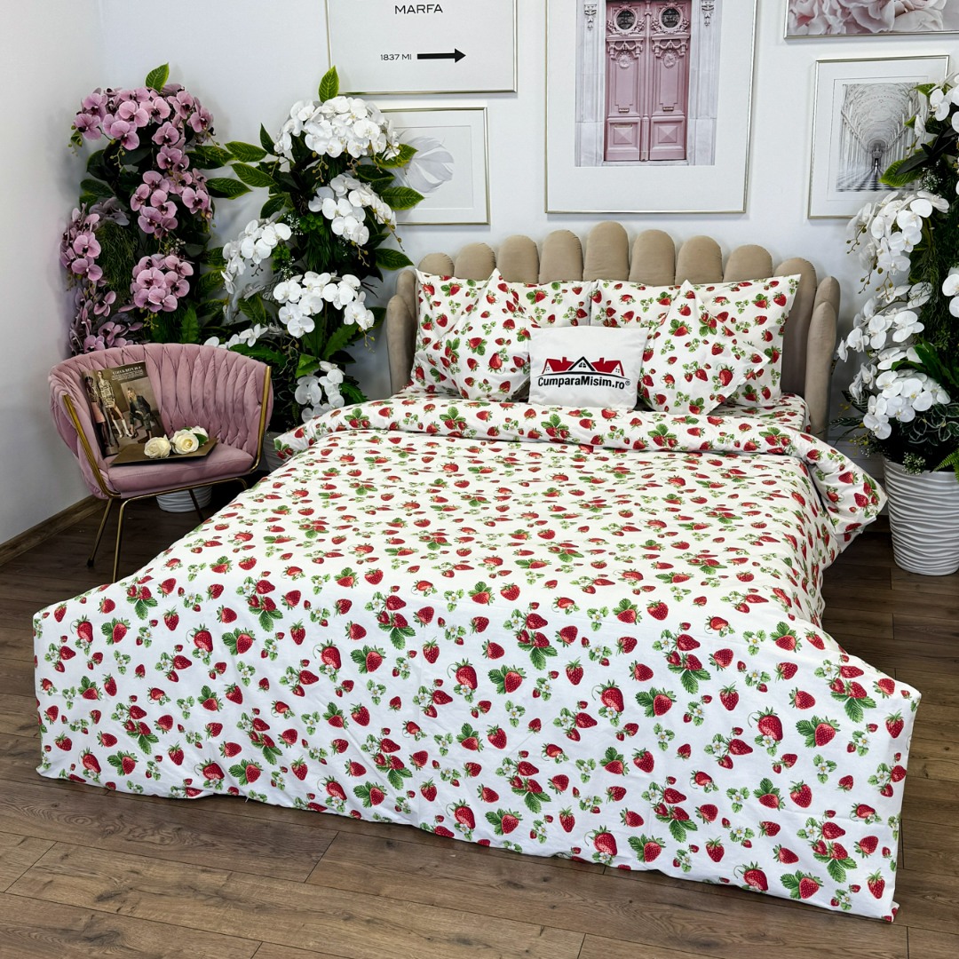 Lenjerie de Pat Dublu, Bumbac Ranforce, 6 piese, Croita cu Grija in Atelierul Cumparamisim - Lux Suprem, Rafinament Desavarsit, Confort Regal, Alb, Rosu, Capsuni - 2 | YEO