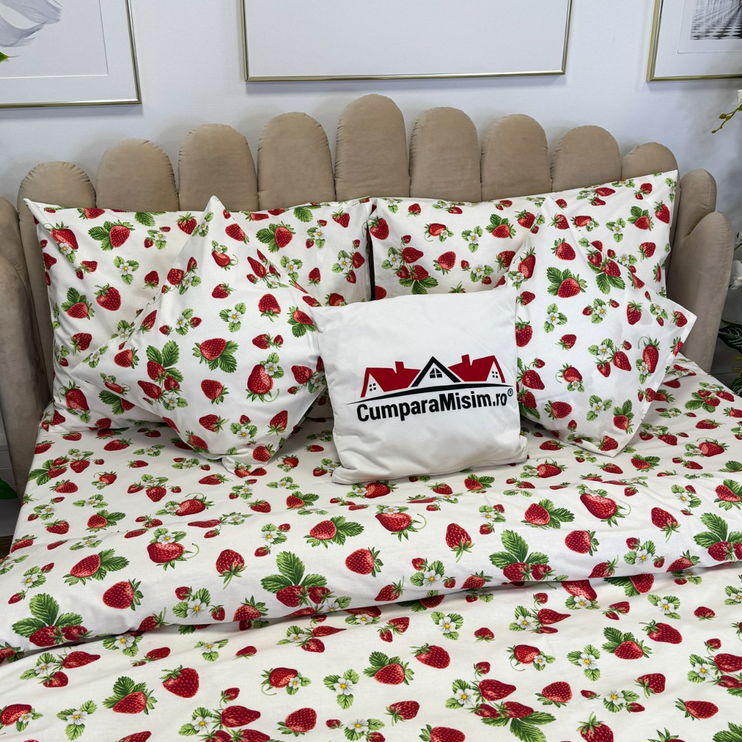 Lenjerie de Pat Dublu, Bumbac Ranforce, 6 piese, Croita cu Grija in Atelierul Cumparamisim - Lux Suprem, Rafinament Desavarsit, Confort Regal, Alb, Rosu, Capsuni - 3 | YEO