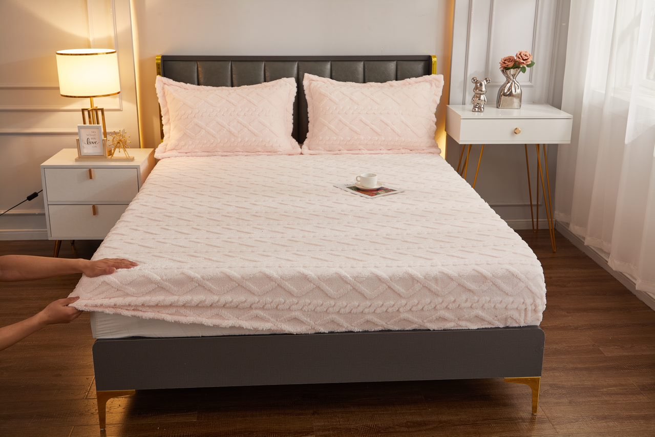 Cearsaf cu Elastic Cocolino, Model 3D Tricotat, 180x200x25 cm – Set cu 2 Fete de Perna, Gros si Pufos, Rozaliu - 1 | YEO