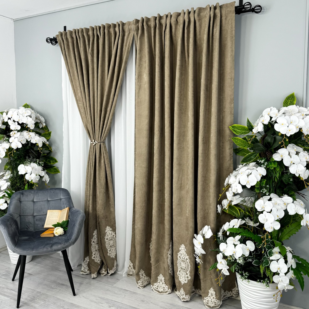 Draperie Blackout 80%, din Catifea cu Broderie, 140cm latime x 260cm inaltime, cu TIV LAT, Elite V1, Bej - 1 | YEO
