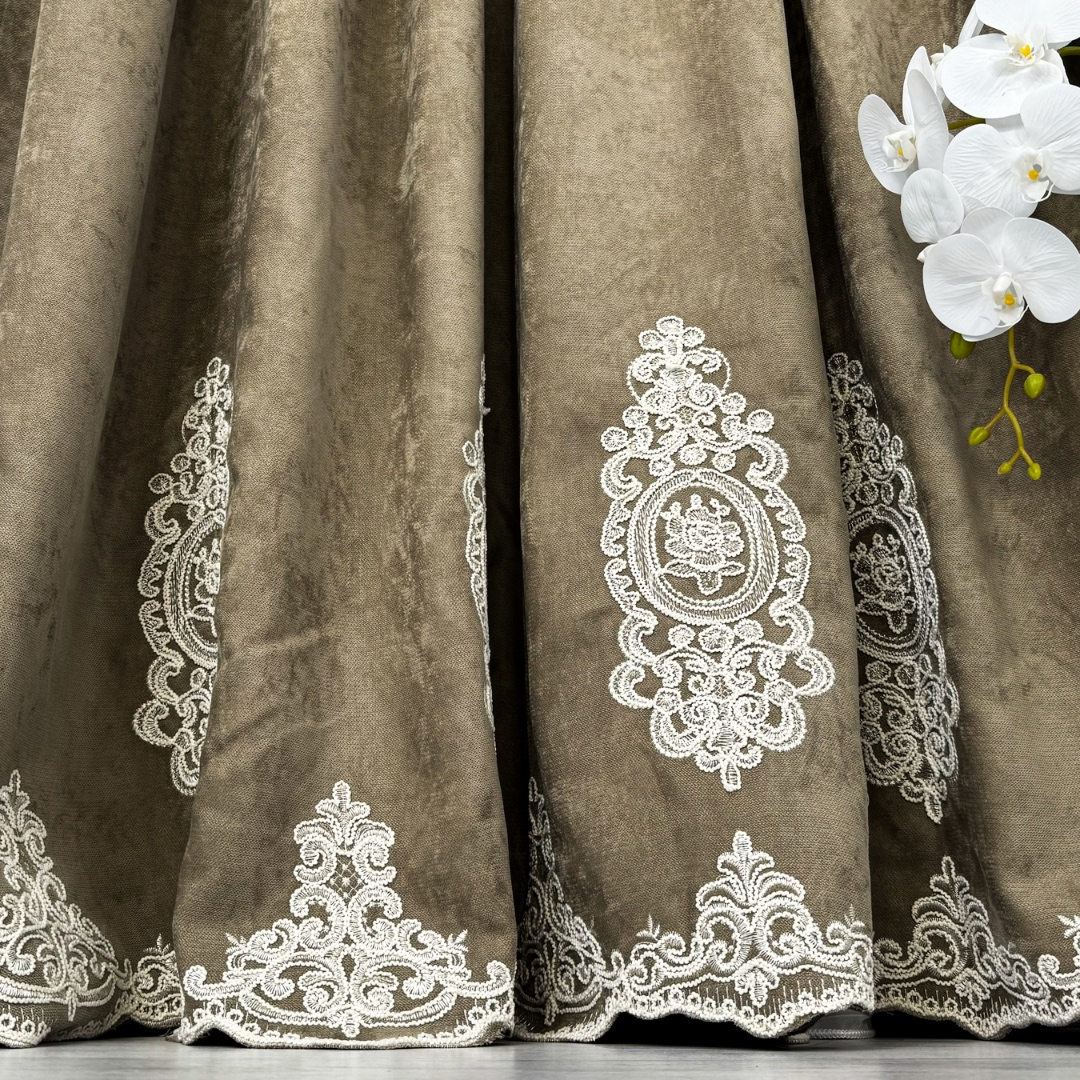 Draperie Blackout 80%, din Catifea cu Broderie, 140cm latime x 260cm inaltime, cu TIV LAT, Elite V1, Bej - 3 | YEO