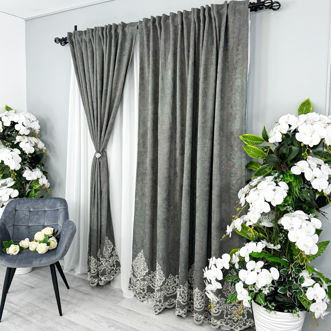 Draperie Blackout 80%, din Catifea cu Broderie, 140cm latime x 260cm inaltime, cu TIV LAT, Elite V2, Gri - 1 | YEO
