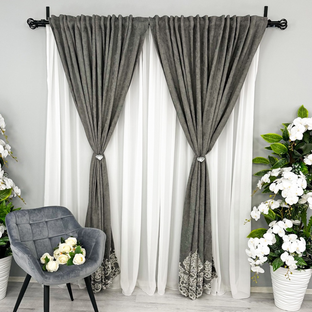 Draperie Blackout 80%, din Catifea cu Broderie, 140cm latime x 260cm inaltime, cu TIV LAT, Elite V2, Gri - 3 | YEO