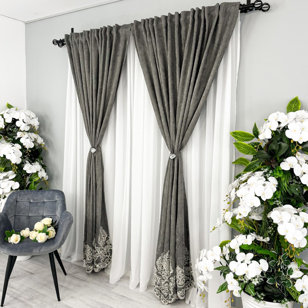 Draperie Blackout 80%, din Catifea cu Broderie, 140cm latime x 260cm inaltime, cu TIV LAT, Elite V2, Gri - 4 | YEO