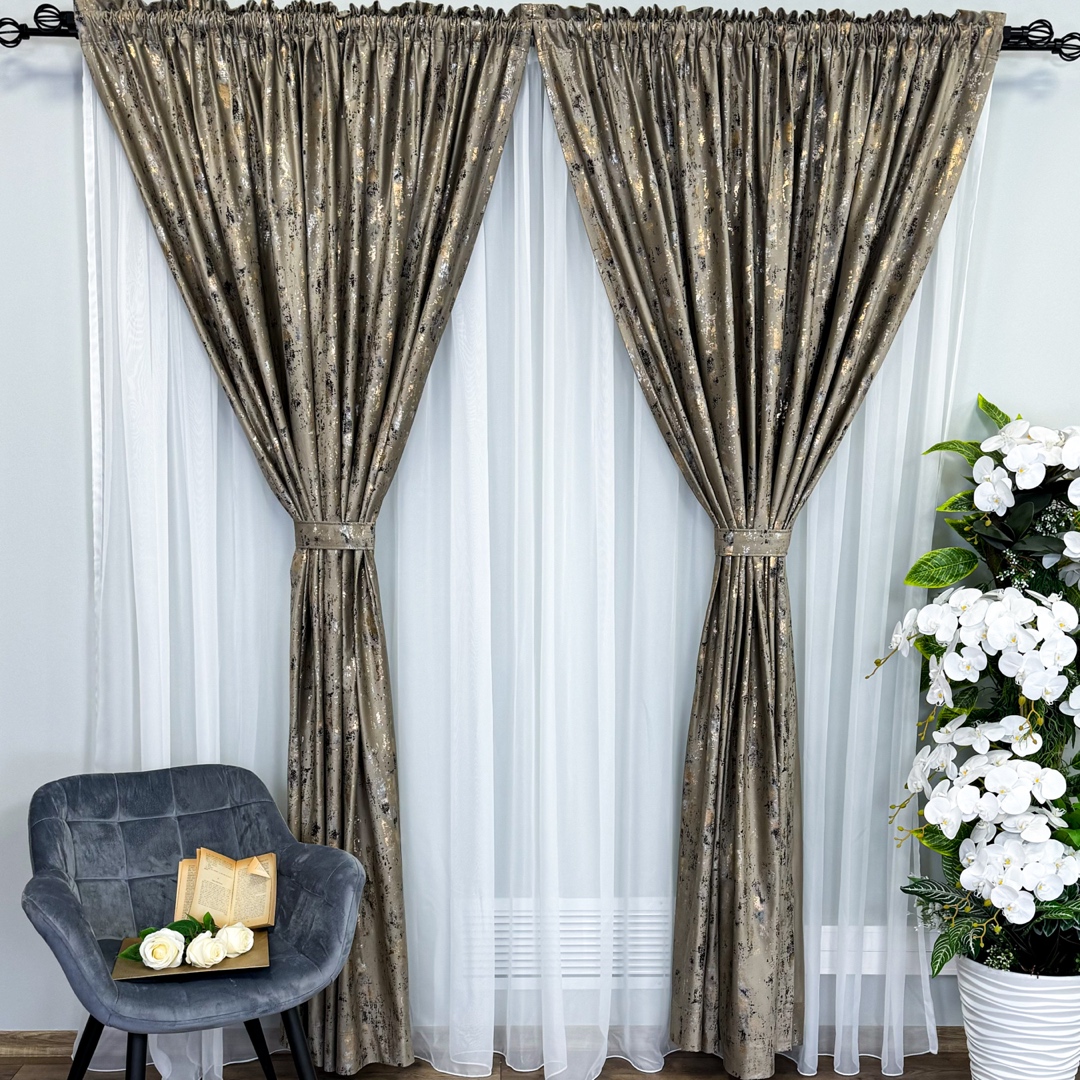 Draperie Catifea CRETA cu insertii aurii, 140cm latime x 260cm inaltime, cu TIV LAT, Cappuccino - NEW 6 - 1 | YEO