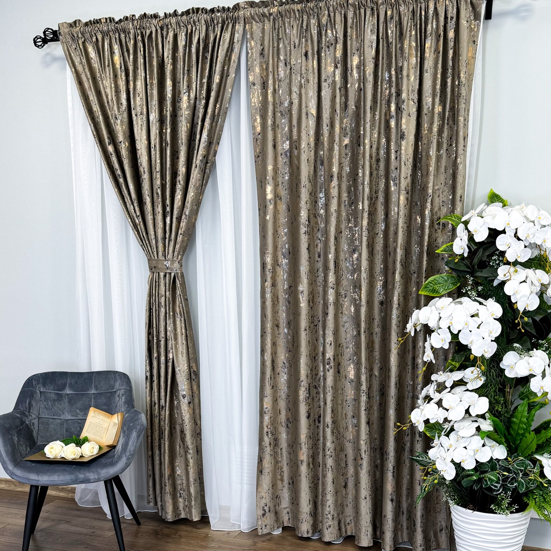 Draperie Catifea CRETA cu insertii aurii, 140cm latime x 260cm inaltime, cu TIV LAT, Cappuccino - NEW 6 - 2 | YEO