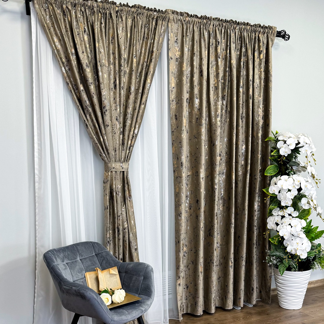 Draperie Catifea CRETA cu insertii aurii, 140cm latime x 260cm inaltime, cu TIV LAT, Cappuccino - NEW 6 - 4 | YEO