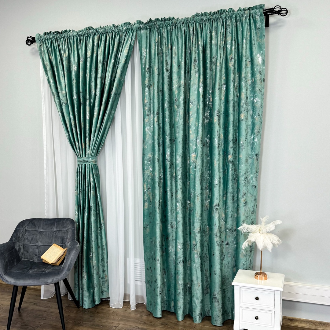 Draperie Catifea Asama cu insertii aurii, 140cm latime x 260cm inaltime, cu TIV LAT, Menta - V21 - 2 | YEO