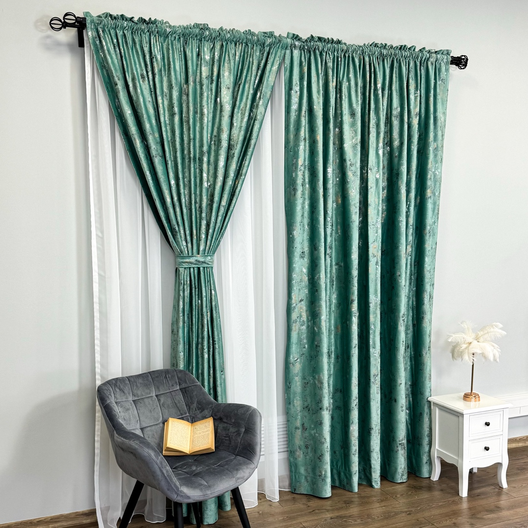 Draperie Catifea Asama cu insertii aurii, 140cm latime x 260cm inaltime, cu TIV LAT, Menta - V21 - 4 | YEO