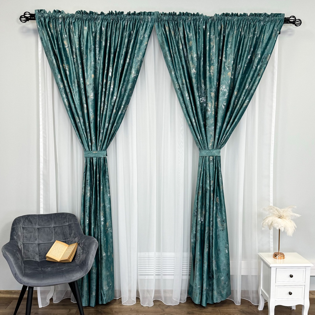 Draperie Catifea Asama cu insertii aurii, 140cm latime x 260cm inaltime, cu TIV LAT, Aqua - V9 - 1 | YEO