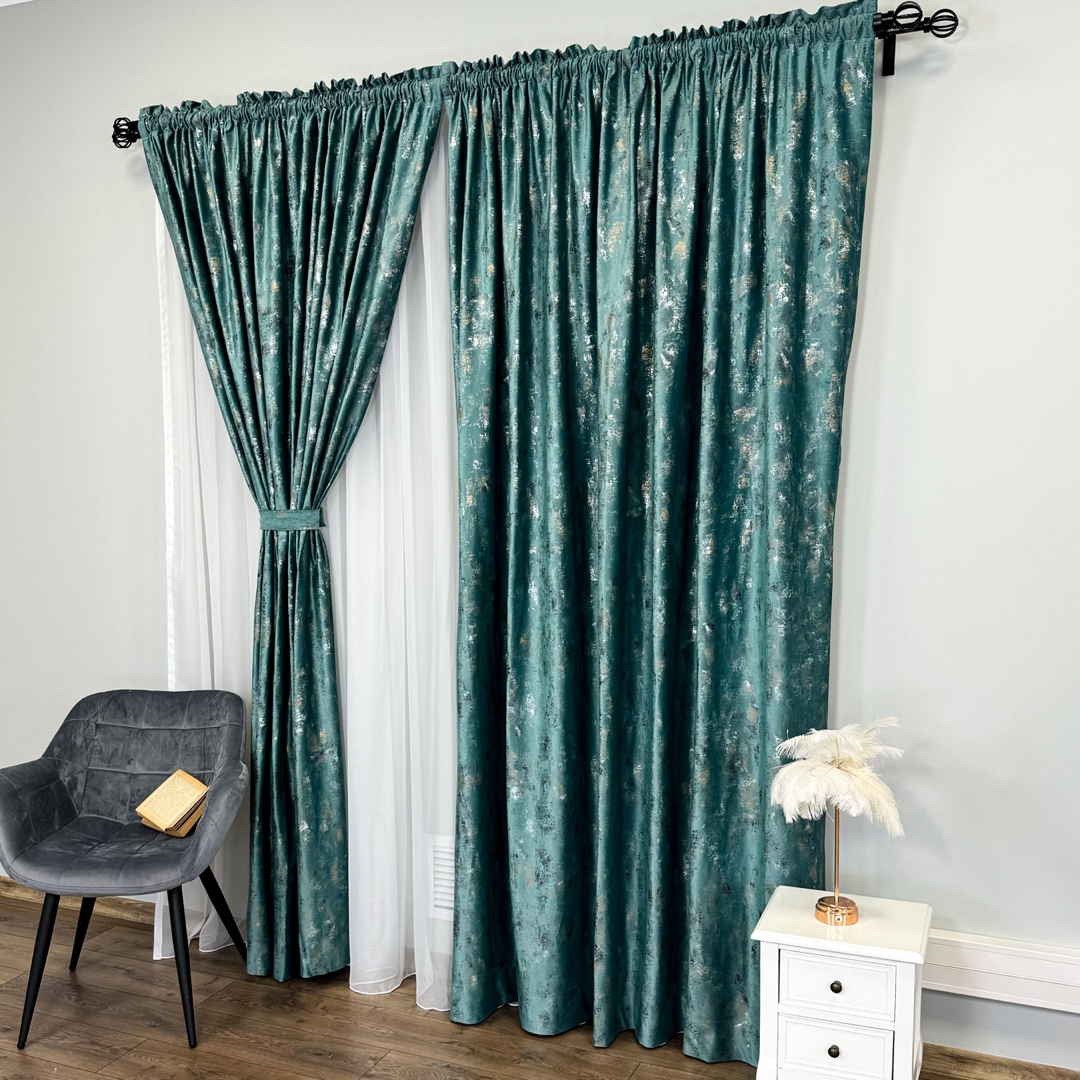 Draperie Catifea Asama cu insertii aurii, 140cm latime x 260cm inaltime, cu TIV LAT, Aqua - V9 - 2 | YEO