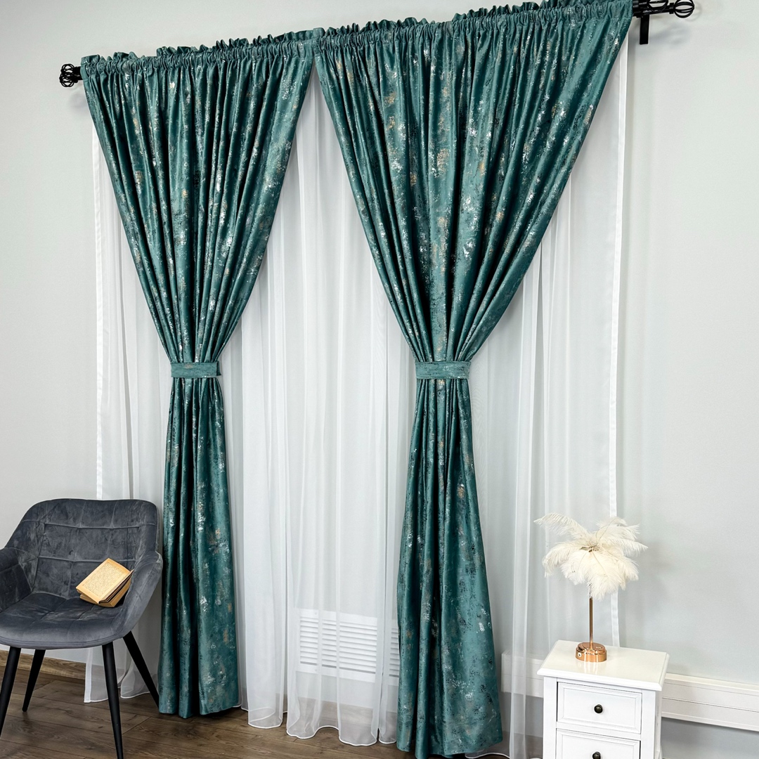 Draperie Catifea Asama cu insertii aurii, 140cm latime x 260cm inaltime, cu TIV LAT, Aqua - V9 - 3 | YEO