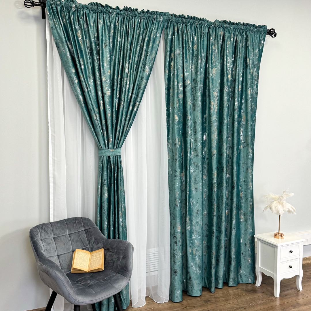 Draperie Catifea Asama cu insertii aurii, 140cm latime x 260cm inaltime, cu TIV LAT, Aqua - V9 - 4 | YEO