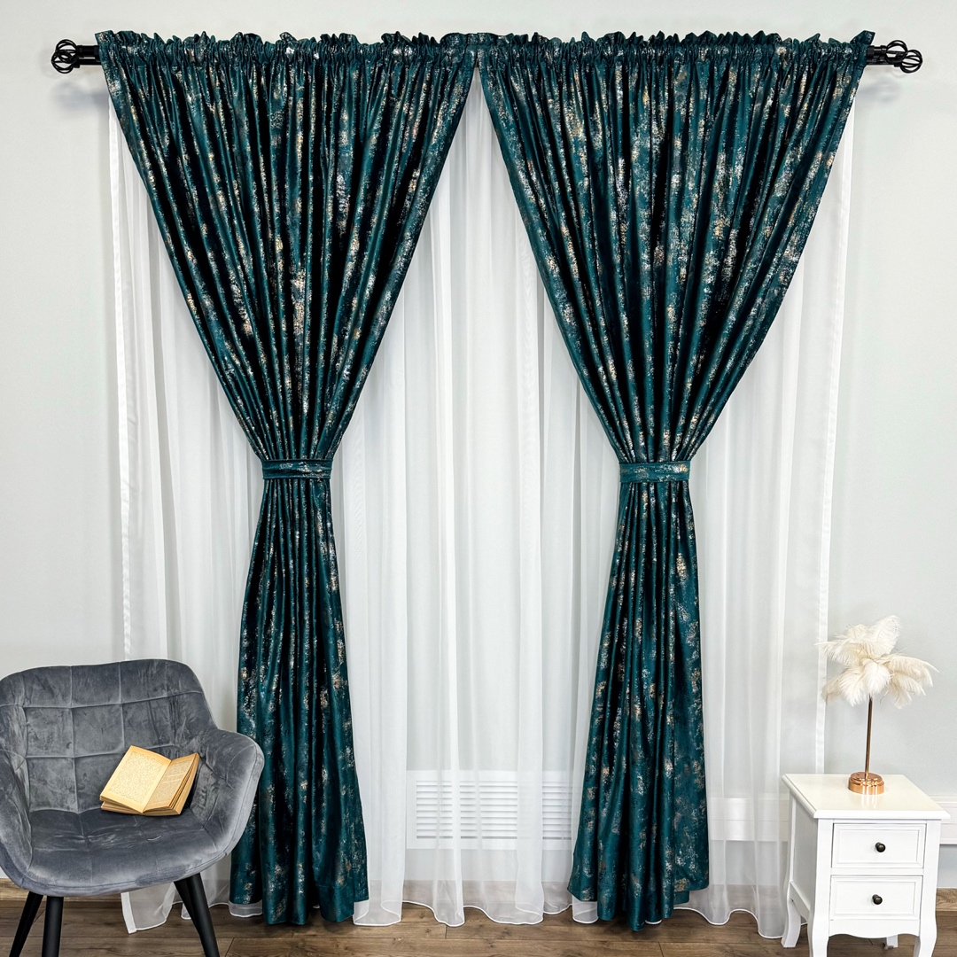 Draperie Catifea Asama cu insertii aurii, 140cm latime x 260cm inaltime, cu TIV LAT, Turquoise - V36 - 1 | YEO