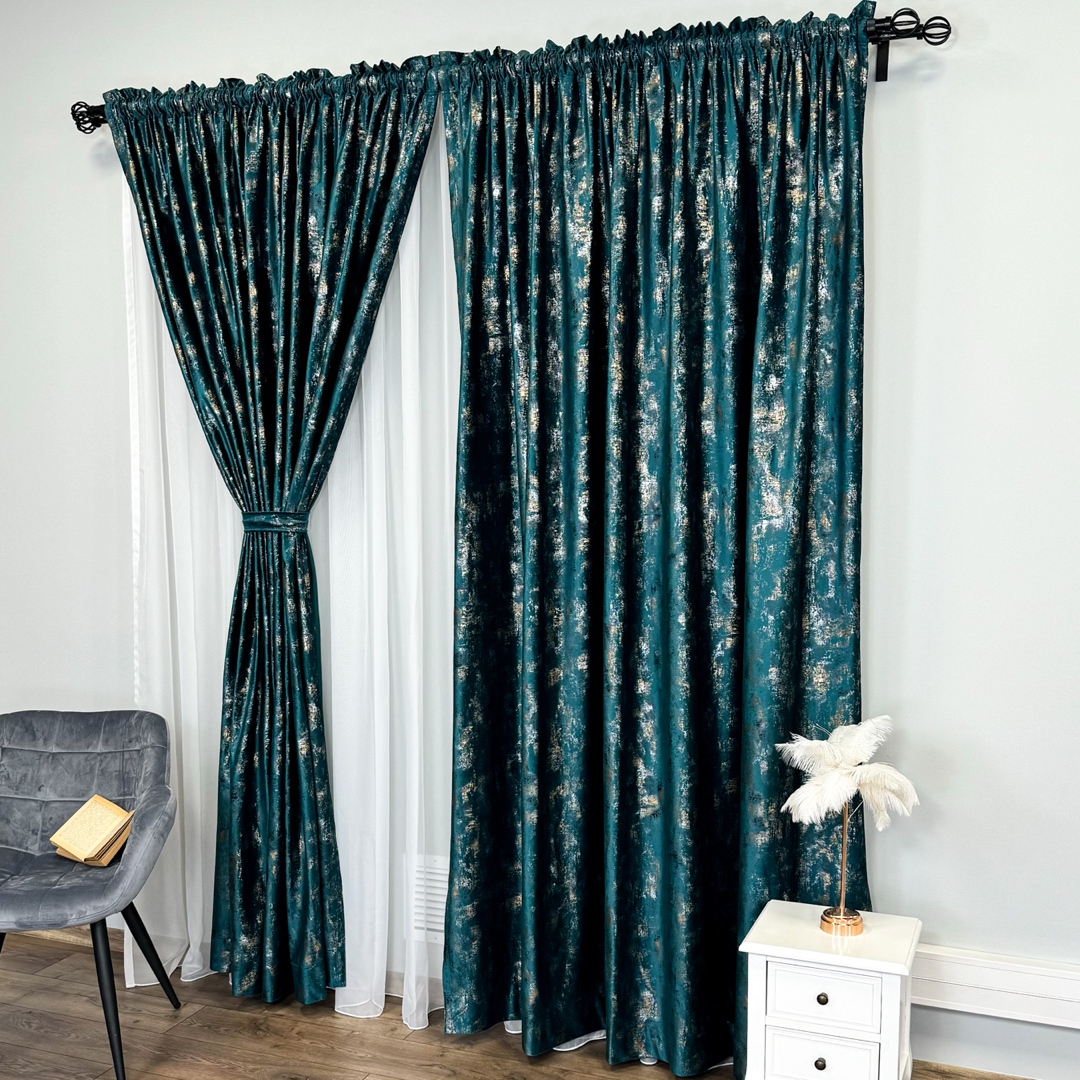 Draperie Catifea Asama cu insertii aurii, 140cm latime x 260cm inaltime, cu TIV LAT, Turquoise - V36 - 2 | YEO