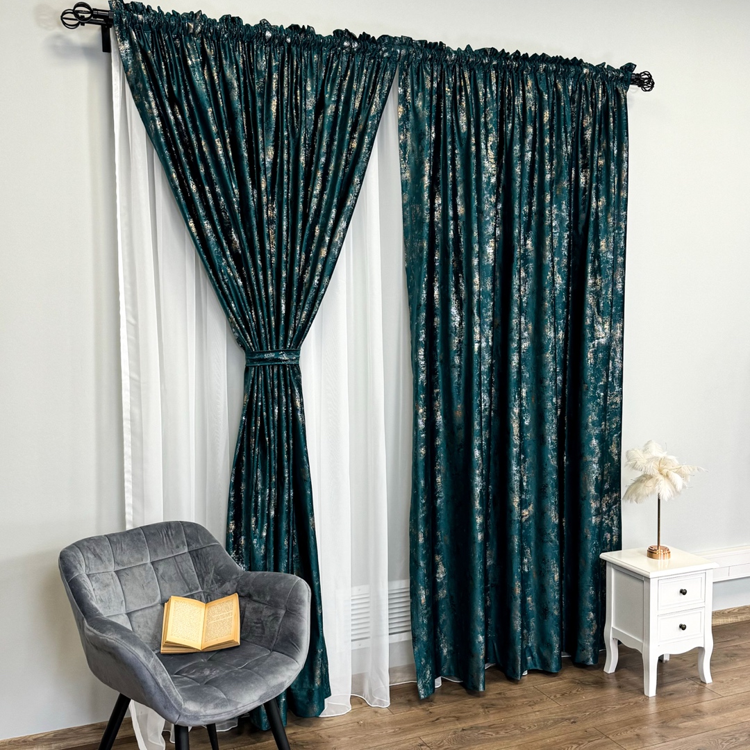 Draperie Catifea Asama cu insertii aurii, 140cm latime x 260cm inaltime, cu TIV LAT, Turquoise - V36 - 4 | YEO