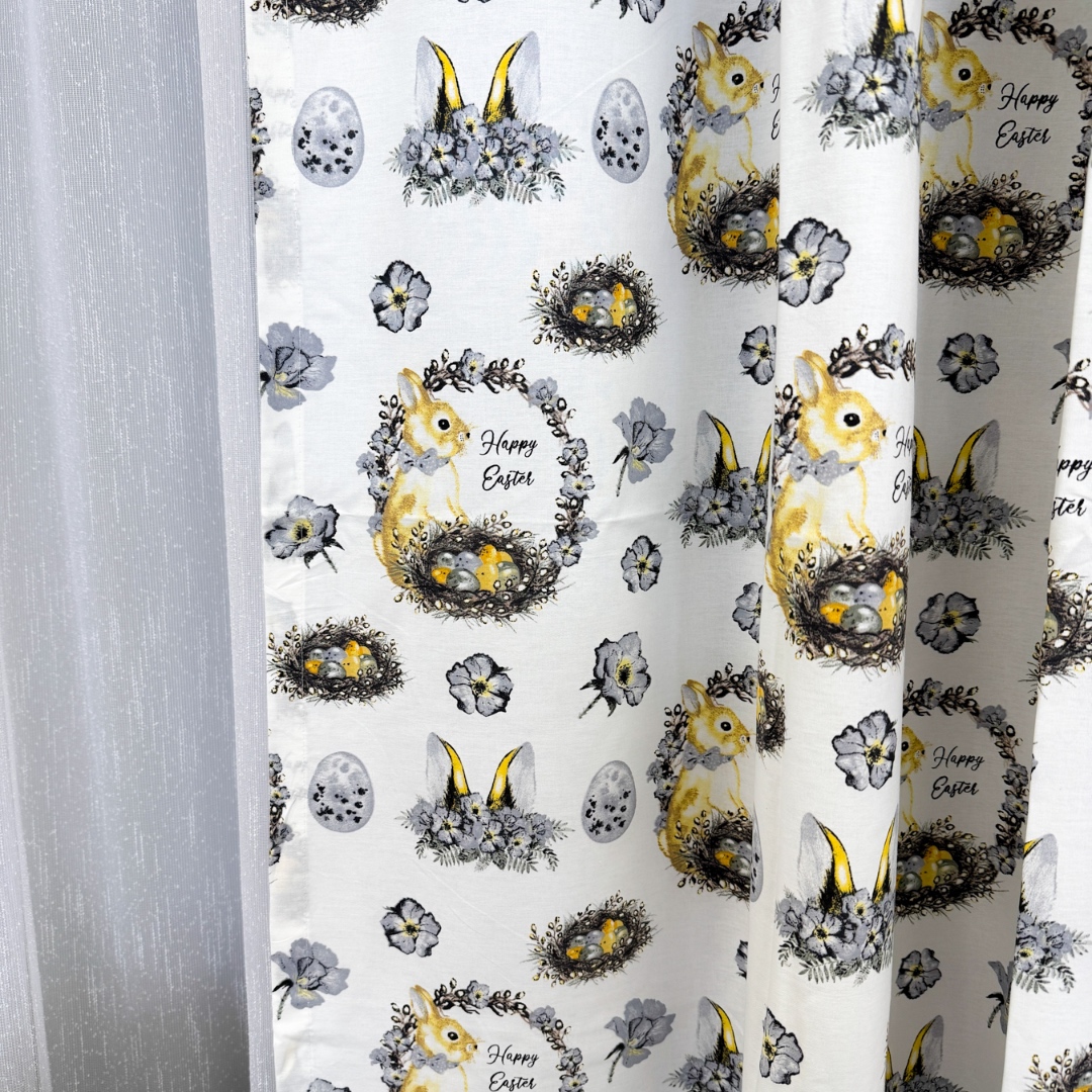 Poze Set Lenjerie Pat Dublu 4 Piese + 2 Draperii 150x235cm din Bumbac Ranforsat – Confort si Eleganta, Fabricat in Romania, Alb, Galben, Iepurasi cumparamisim.ro