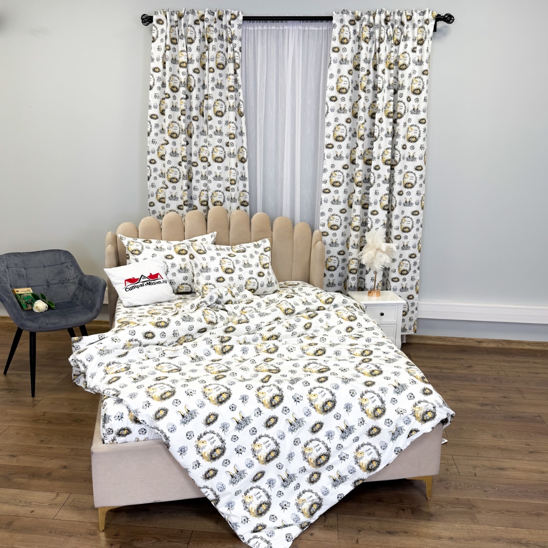 Poze Set Lenjerie Pat Dublu 4 Piese + 2 Draperii 150x235cm din Bumbac Ranforsat – Confort si Eleganta, Fabricat in Romania, Alb, Galben, Iepurasi cumparamisim.ro