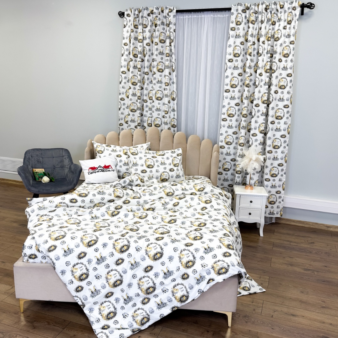 Poze Set Lenjerie Pat Dublu 4 Piese + 2 Draperii 150x235cm din Bumbac Ranforsat – Confort si Eleganta, Fabricat in Romania, Alb, Galben, Iepurasi cumparamisim.ro