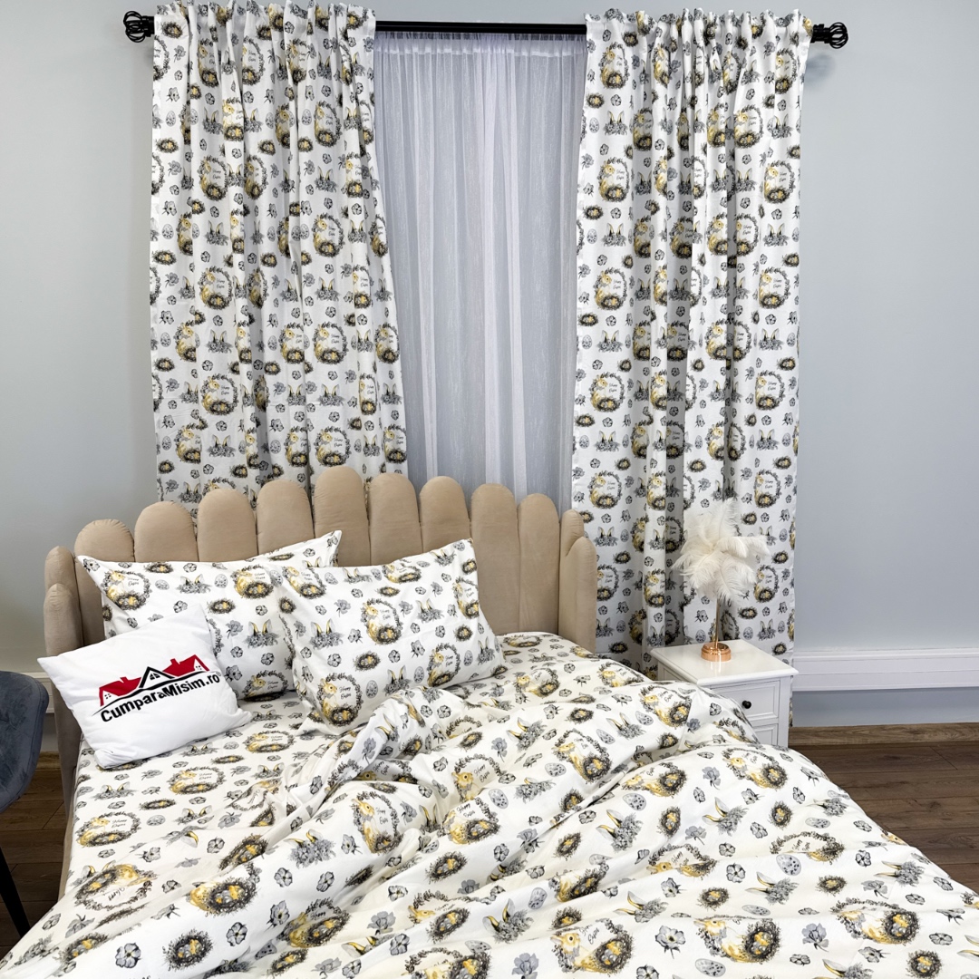 Poze Set Lenjerie Pat Dublu 4 Piese + 2 Draperii 150x235cm din Bumbac Ranforsat – Confort si Eleganta, Fabricat in Romania, Alb, Galben, Iepurasi cumparamisim.ro