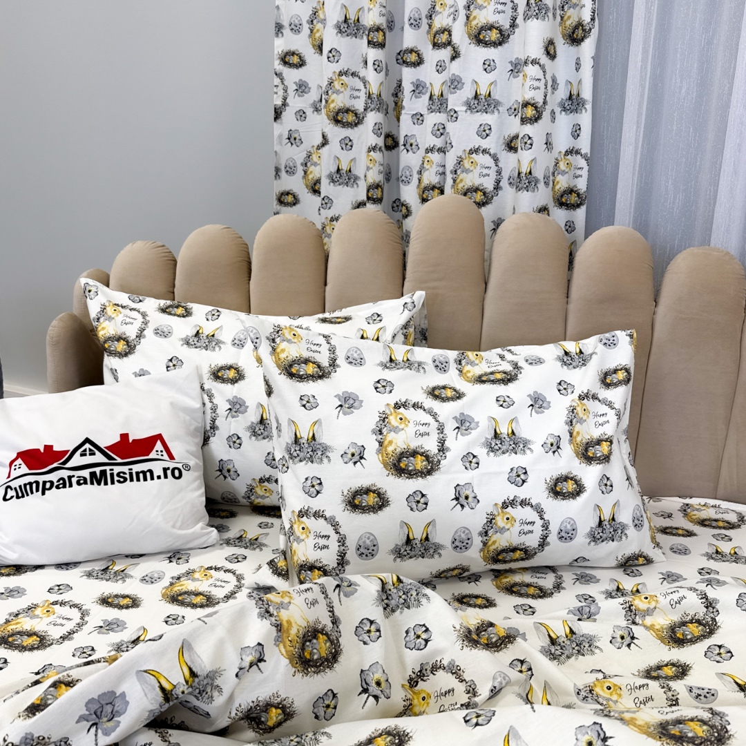 Poze Set Lenjerie Pat Dublu 4 Piese + 2 Draperii 150x235cm din Bumbac Ranforsat – Confort si Eleganta, Fabricat in Romania, Alb, Galben, Iepurasi cumparamisim.ro