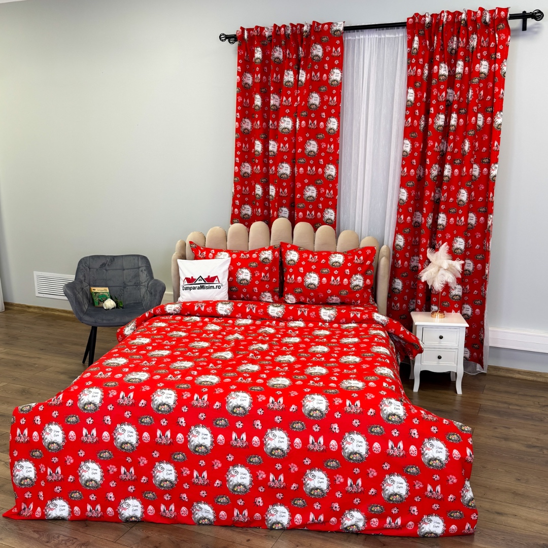 Set Lenjerie Pat Dublu 4 Piese + 2 Draperii 150x235cm din Bumbac Ranforsat – Confort si Eleganta, Fabricat in Romania, Rosu, Alb, Iepurasi - 2 | YEO