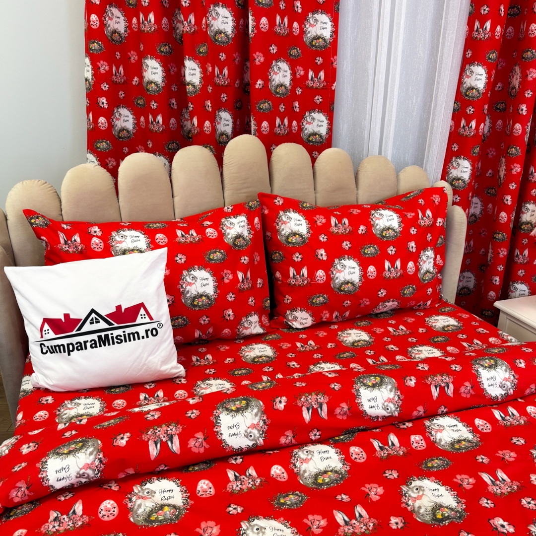 Set Lenjerie Pat Dublu 4 Piese + 2 Draperii 150x235cm din Bumbac Ranforsat – Confort si Eleganta, Fabricat in Romania, Rosu, Alb, Iepurasi - 3 | YEO