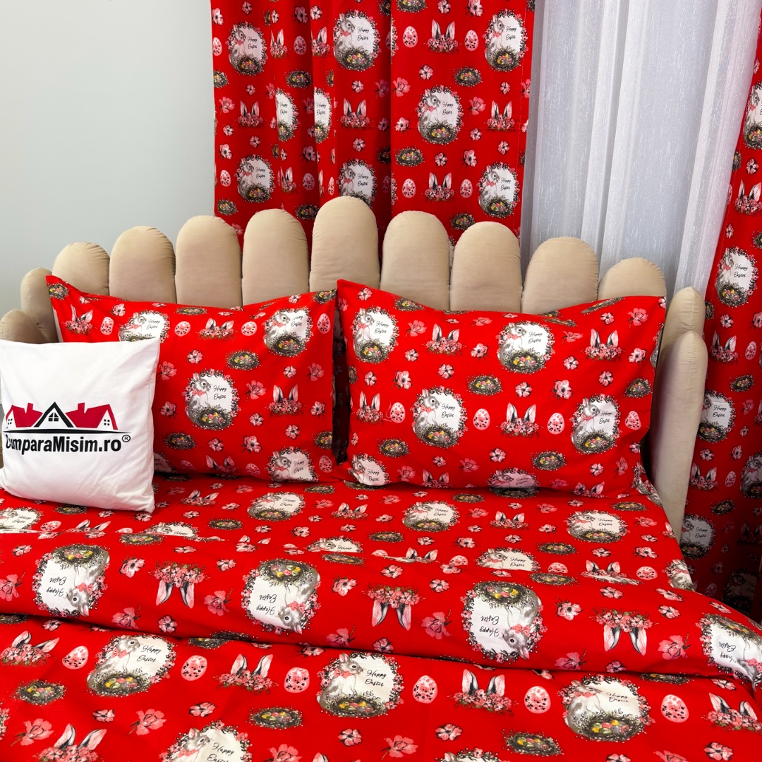 Set Lenjerie Pat Dublu 4 Piese + 2 Draperii 150x235cm din Bumbac Ranforsat – Confort si Eleganta, Fabricat in Romania, Rosu, Alb, Iepurasi - 4 | YEO
