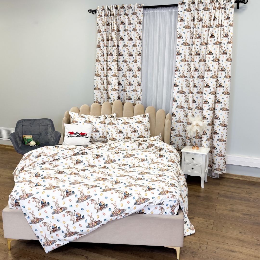 Poze Set Lenjerie Pat Dublu 4 Piese + 2 Draperii 150x235cm din Bumbac Ranforsat – Confort si Eleganta, Fabricat in Romania, Alb, Iepurasi cumparamisim.ro