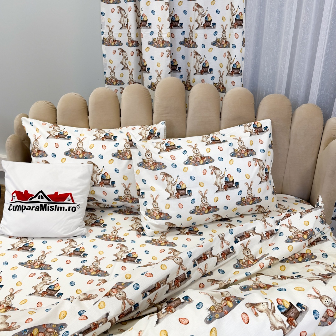 Poze Set Lenjerie Pat Dublu 4 Piese + 2 Draperii 150x235cm din Bumbac Ranforsat – Confort si Eleganta, Fabricat in Romania, Alb, Iepurasi cumparamisim.ro