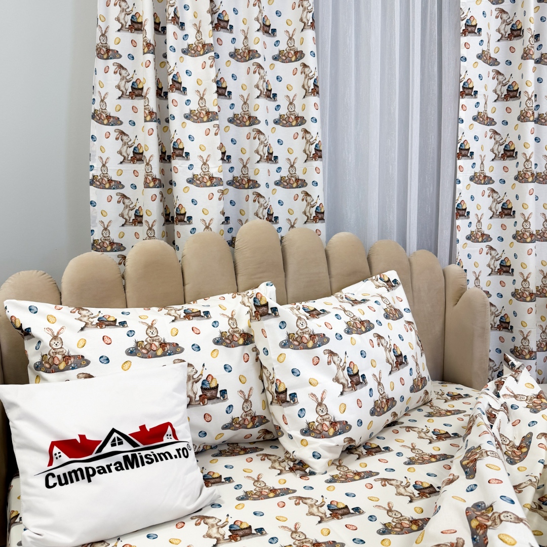 Poze Set Lenjerie Pat Dublu 4 Piese + 2 Draperii 150x235cm din Bumbac Ranforsat – Confort si Eleganta, Fabricat in Romania, Alb, Iepurasi cumparamisim.ro