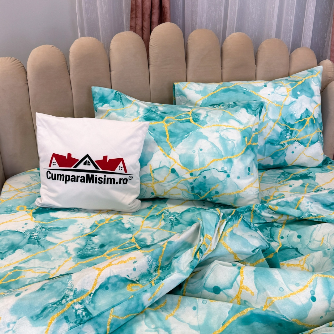 Poze Lenjerie Pat Dublu, Bumbac Ranforce, 4 piese, Atelier Cumparamisim - Lux Suprem, Rafinament Desavarsit, Confort Regal, Alb, Bleu, model abstract cumparamisim.ro