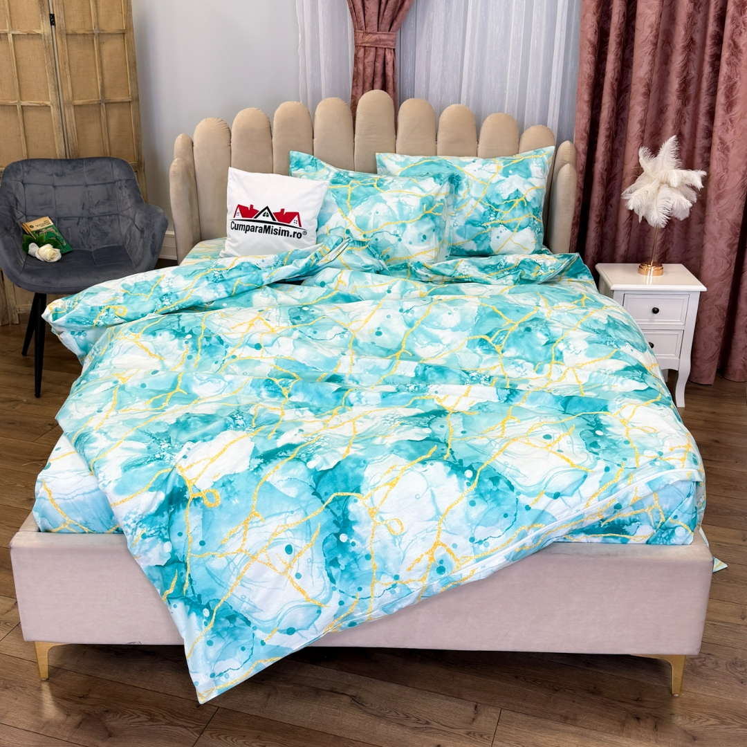 Poze Lenjerie Pat Dublu, Bumbac Ranforce, 4 piese, Atelier Cumparamisim - Lux Suprem, Rafinament Desavarsit, Confort Regal, Alb, Bleu, model abstract cumparamisim.ro