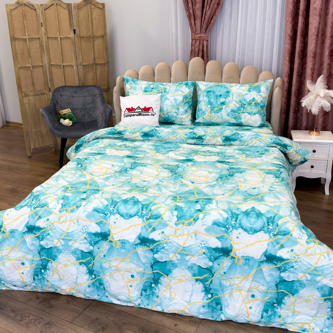 Poze Lenjerie Pat Dublu, Bumbac Ranforce, 4 piese, Atelier Cumparamisim - Lux Suprem, Rafinament Desavarsit, Confort Regal, Alb, Bleu, model abstract cumparamisim.ro