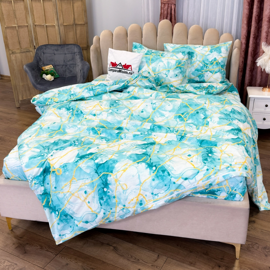 Poze Lenjerie Pat Dublu, Bumbac Ranforce, 4 piese, Atelier Cumparamisim - Lux Suprem, Rafinament Desavarsit, Confort Regal, Alb, Bleu, model abstract cumparamisim.ro