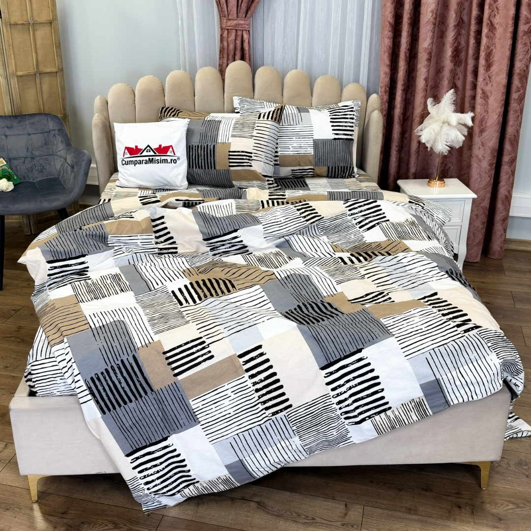 Poze Lenjerie Pat Dublu, Bumbac Ranforce, 4 piese, Atelier Cumparamisim - Lux Suprem, Rafinament Desavarsit, Confort Regal, Alb, Gri, Bej, forme geometrice cumparamisim.ro