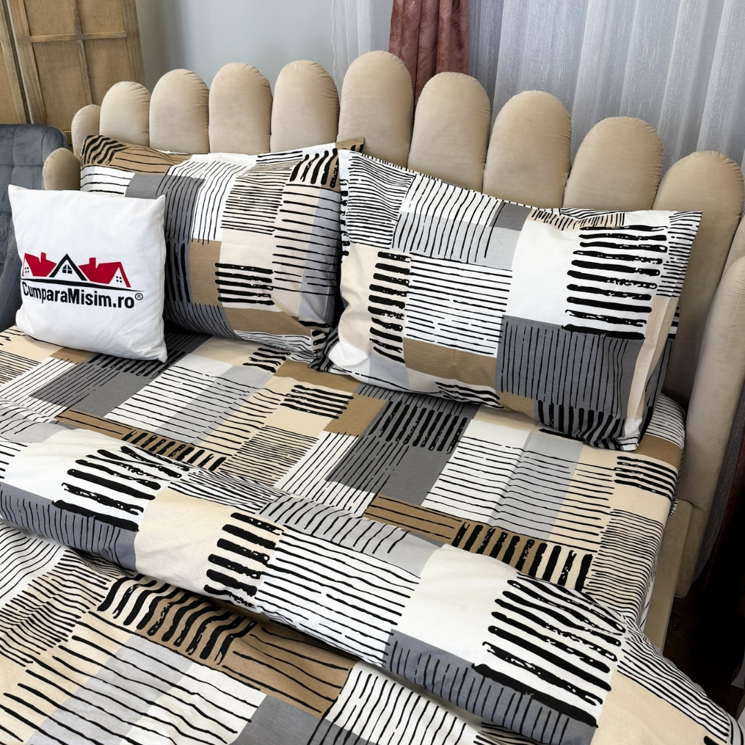 Poze Lenjerie Pat Dublu, Bumbac Ranforce, 4 piese, Atelier Cumparamisim - Lux Suprem, Rafinament Desavarsit, Confort Regal, Alb, Gri, Bej, forme geometrice cumparamisim.ro
