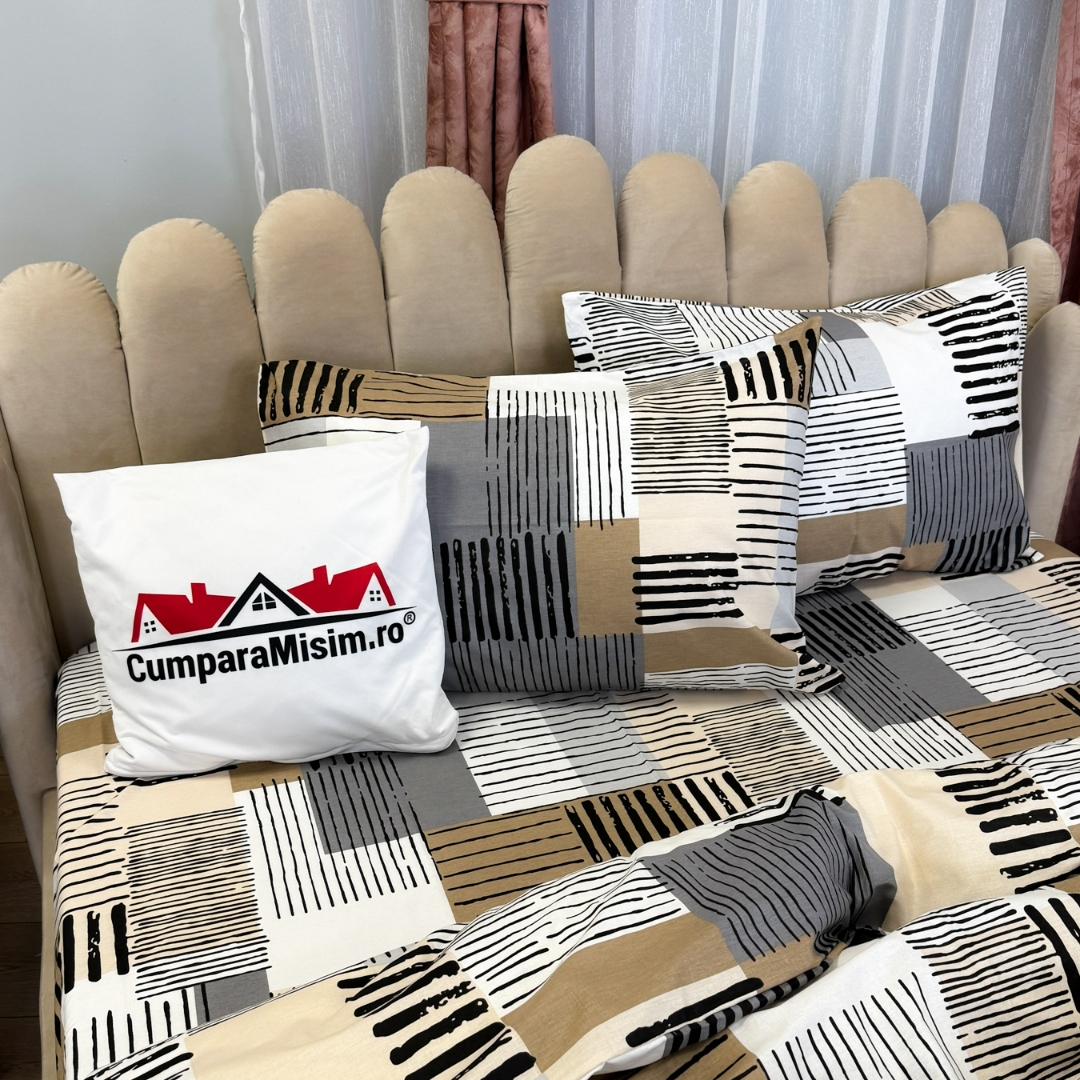 Poze Lenjerie Pat Dublu, Bumbac Ranforce, 4 piese, Atelier Cumparamisim - Lux Suprem, Rafinament Desavarsit, Confort Regal, Alb, Gri, Bej, forme geometrice cumparamisim.ro