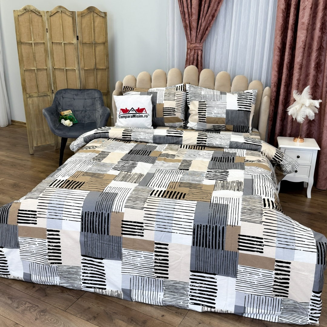 Poze Lenjerie Pat Dublu, Bumbac Ranforce, 4 piese, Atelier Cumparamisim - Lux Suprem, Rafinament Desavarsit, Confort Regal, Alb, Gri, Bej, forme geometrice cumparamisim.ro