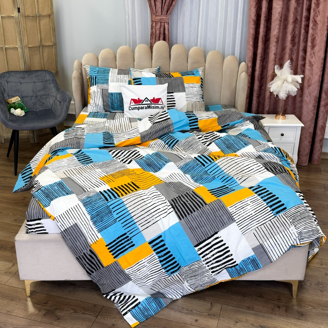 Poze Lenjerie Pat Dublu, Bumbac Ranforce, 4 piese, Atelier Cumparamisim - Lux Suprem, Rafinament Desavarsit, Confort Regal, Alb, Galben, Albastru, forme geometrice cumparamisim.ro