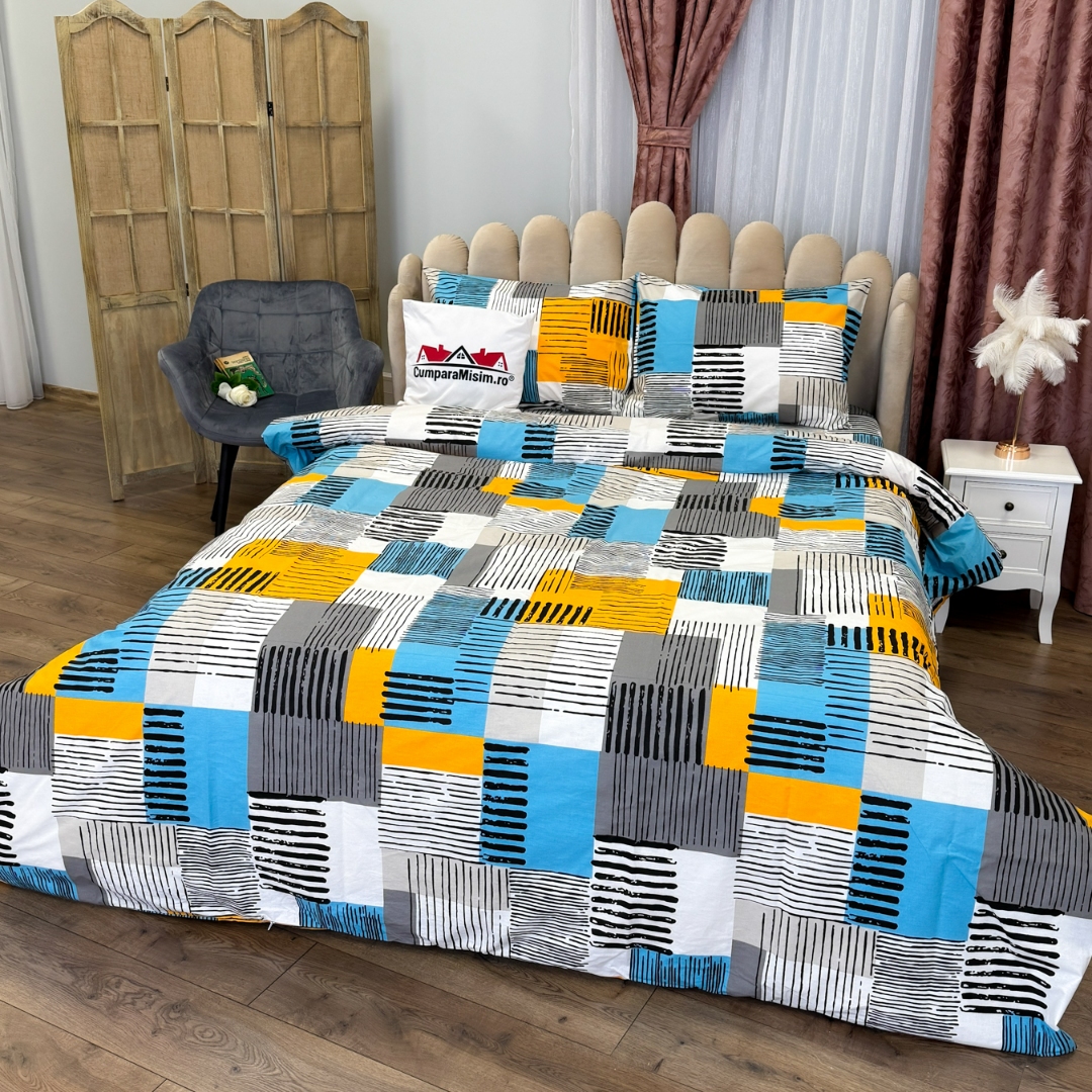 Poze Lenjerie Pat Dublu, Bumbac Ranforce, 4 piese, Atelier Cumparamisim - Lux Suprem, Rafinament Desavarsit, Confort Regal, Alb, Galben, Albastru, forme geometrice cumparamisim.ro